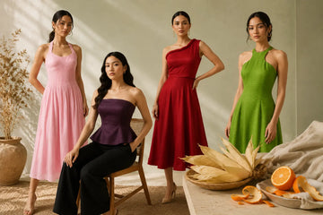 Woman wearing a sustainable dress made from corn and orange peel fabric, styled with corn husks and orange peels