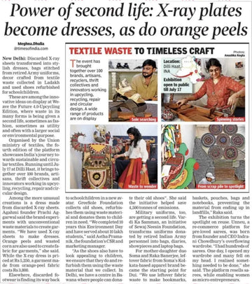 Times of India newspaper feature on Agahmi's upcycled X-ray sheet fashion