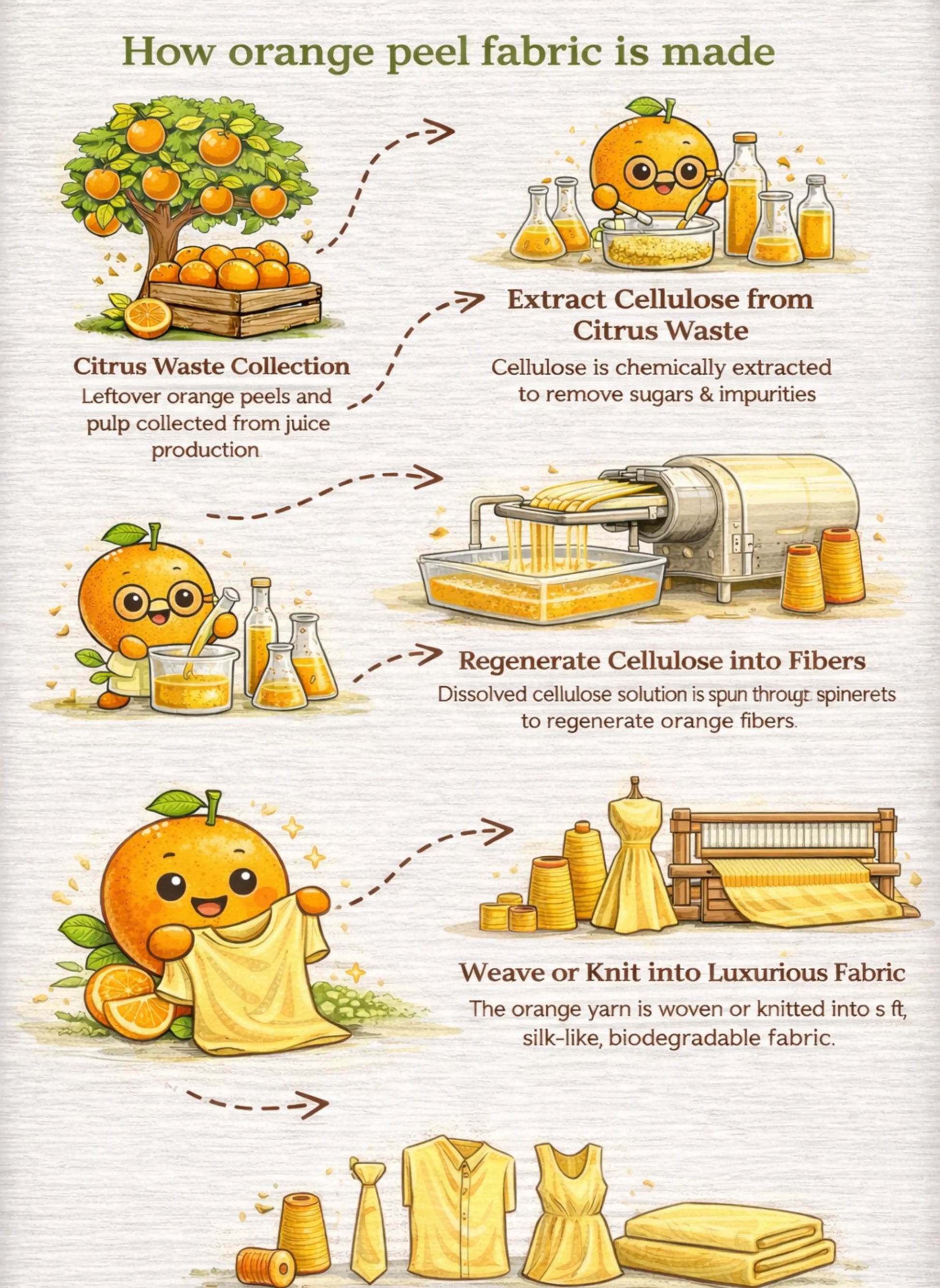 Infographic explaining the process of making orange peel fabric